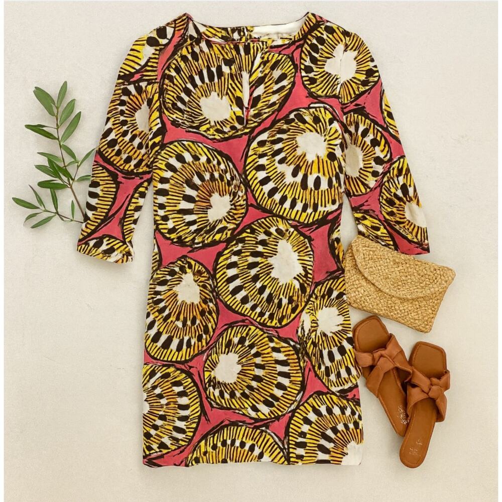 J Crew Tropical Print Shift Dress Pink Gold Cotton V Neck Resort Cruise XS 00 - Picture 4 of 11